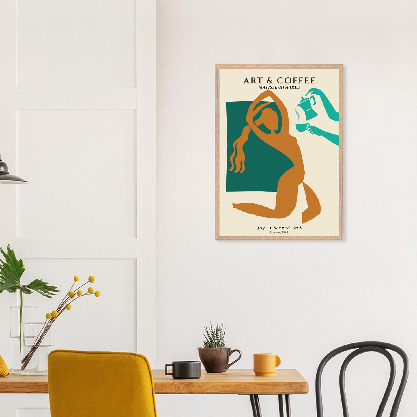 Matisse-style art poster with artistic design of a woman and coffee cup on a wall above a table with coffee cups.