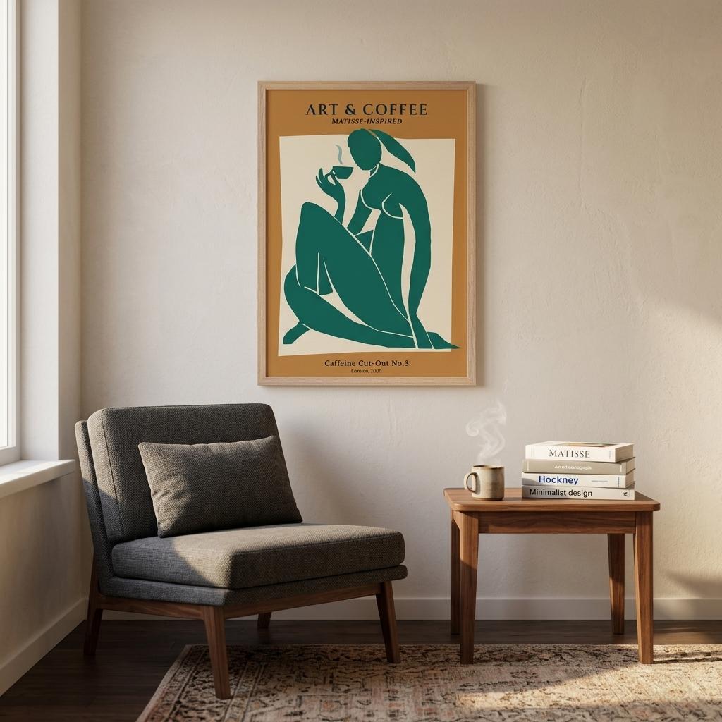 Matisse-style framed poster of a woman drinking coffee on a wall above a chair and side table with books.