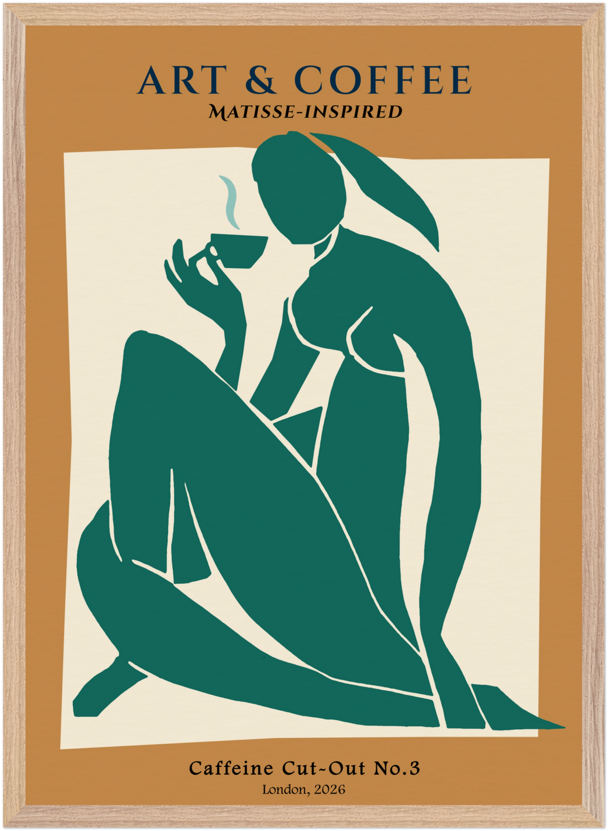 Matisse-style abstract silhouette of a woman sitting and holding a cup of coffee, deep teal figure on an earthy ochre background, minimalist framed wall art.