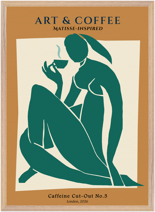 Matisse-style abstract silhouette of a woman sitting and holding a cup of coffee, deep teal figure on an earthy ochre background, minimalist framed wall art.