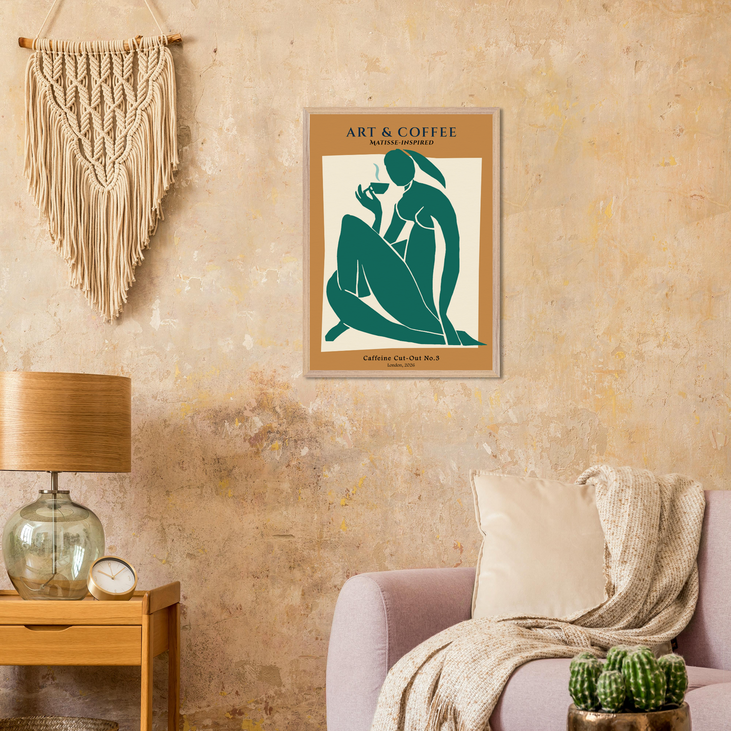 Serene Matisse-style artwork on a wall above a sofa in a living room setting.