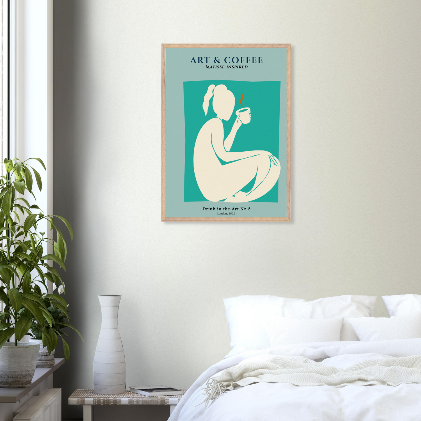 Matisse-style framed poster of a woman drinking coffee with text 'Art & Coffee' in a bedroom setting.