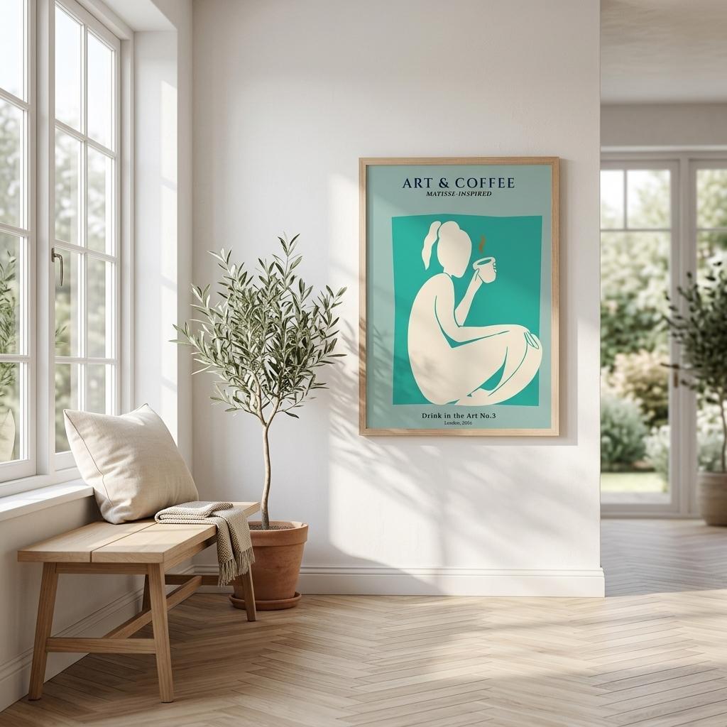 Matisse-style poster of a woman holding a coffee cup in a room with a wooden bench and plants.