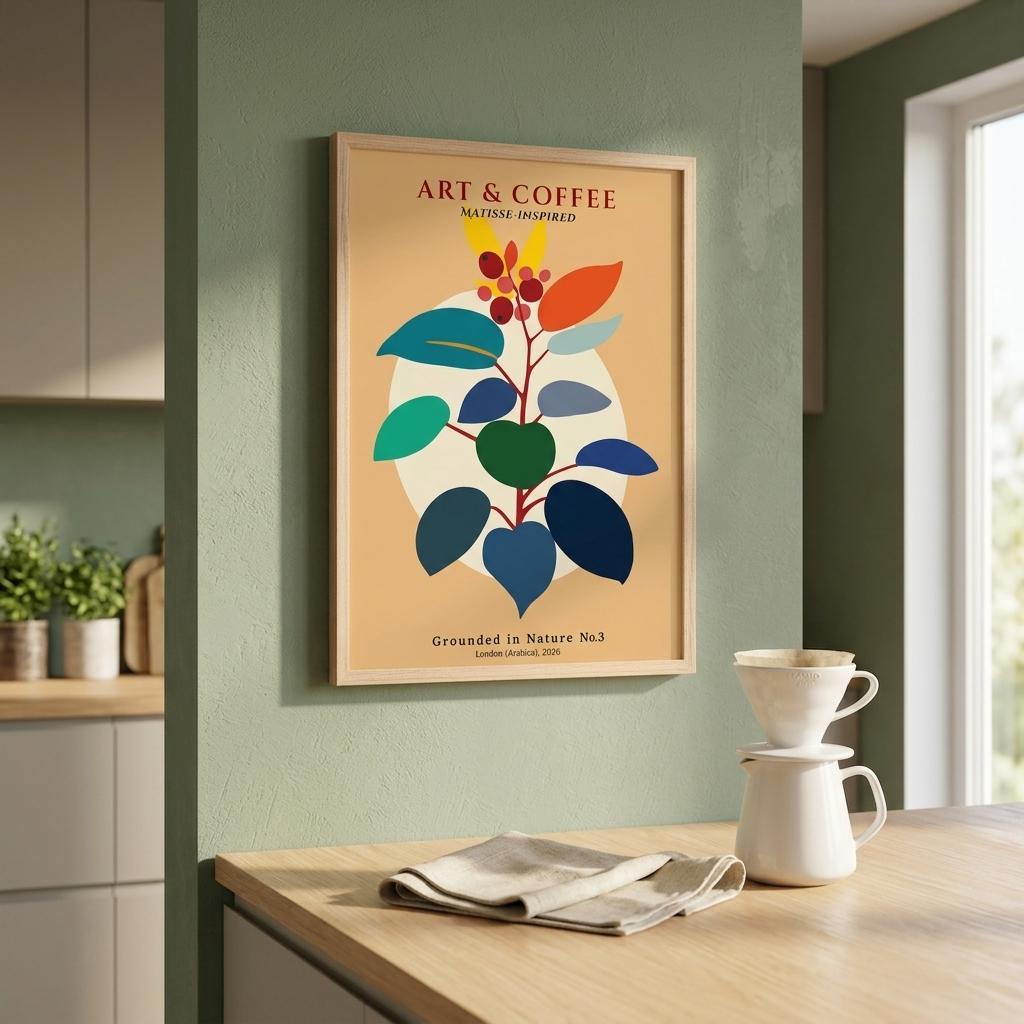 Matisse-style Colourful framed poster titled 'Art & Coffee' in a kitchen setting with a coffee maker.