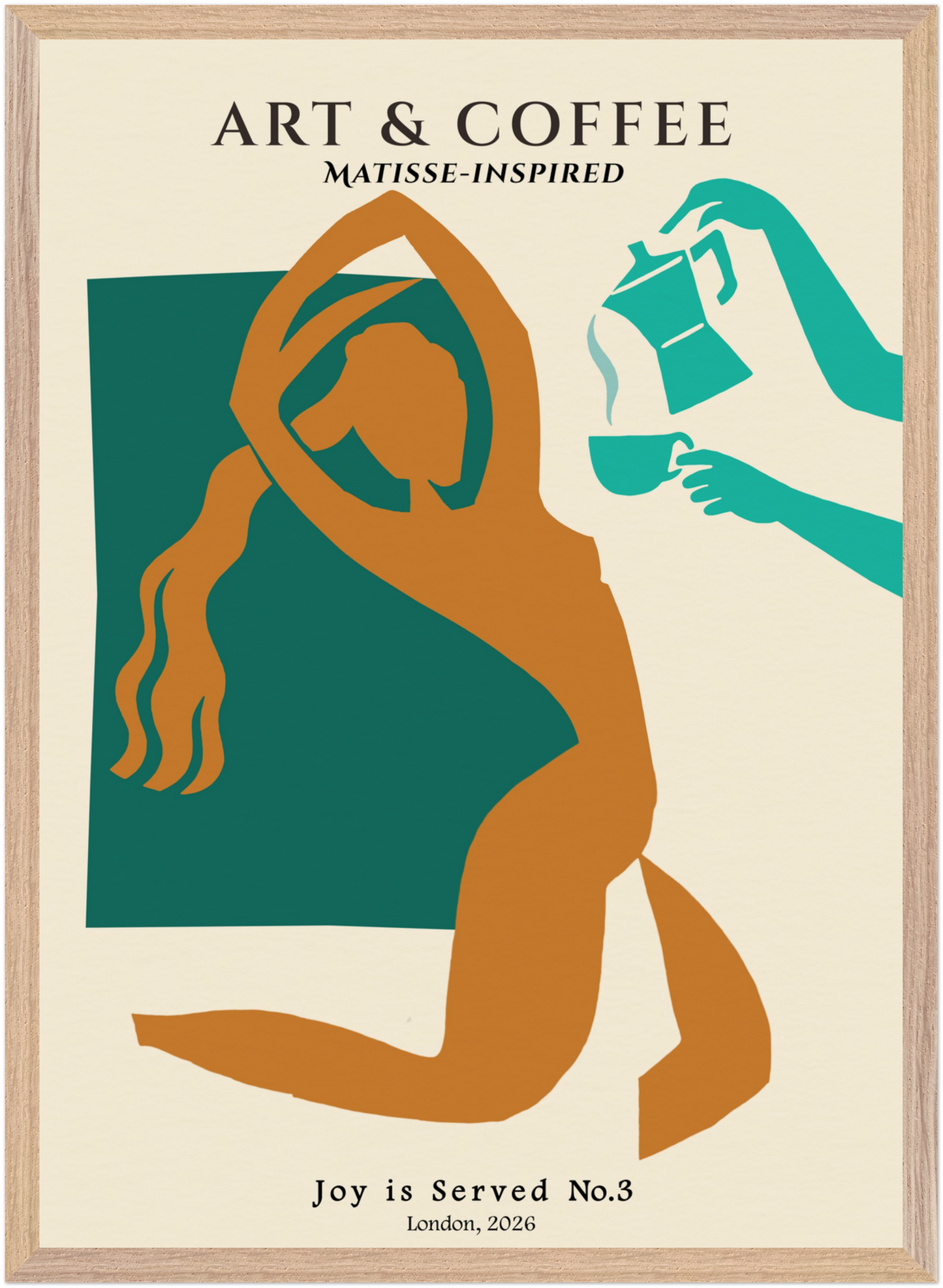 Minimalist art print of a woman reaching for coffee being poured from a moka pot, Matisse style, teal and ochre colour palette, natural wood frame.