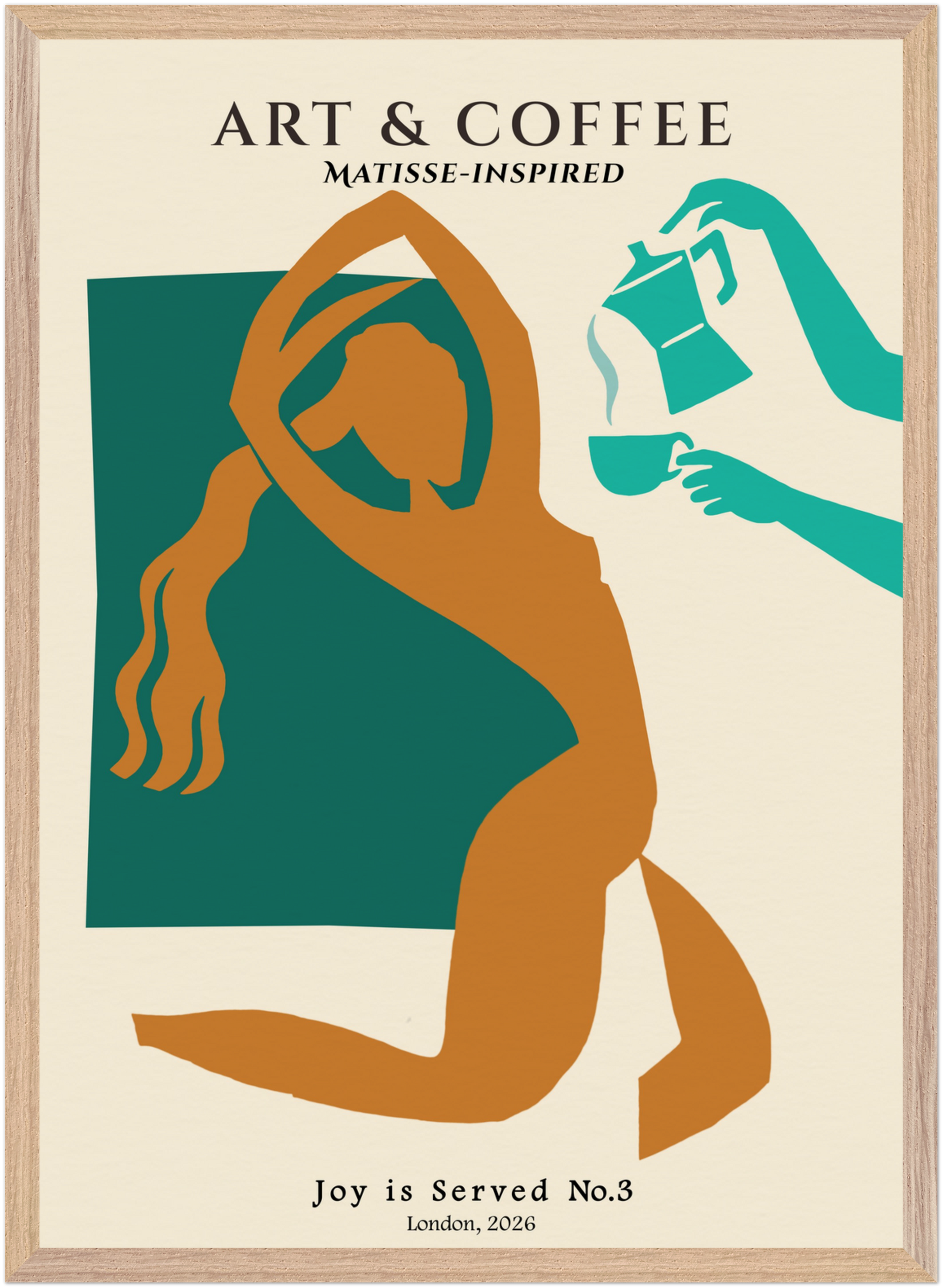Minimalist art print of a woman reaching for coffee being poured from a moka pot, Matisse style, teal and ochre colour palette, natural wood frame.