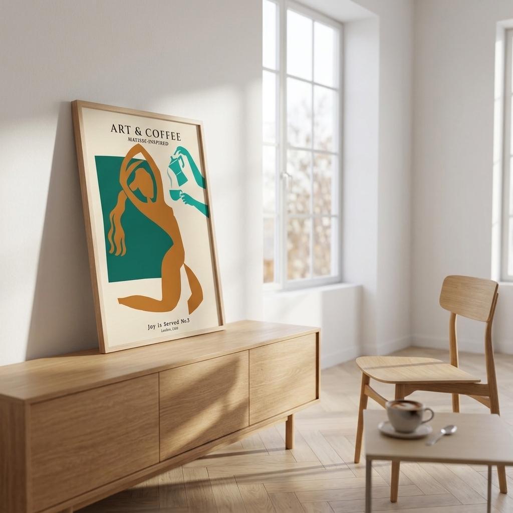 Matisse-style framed poster titled 'Art & Coffee' on a wooden cabinet with a chair and cup in a bright room.